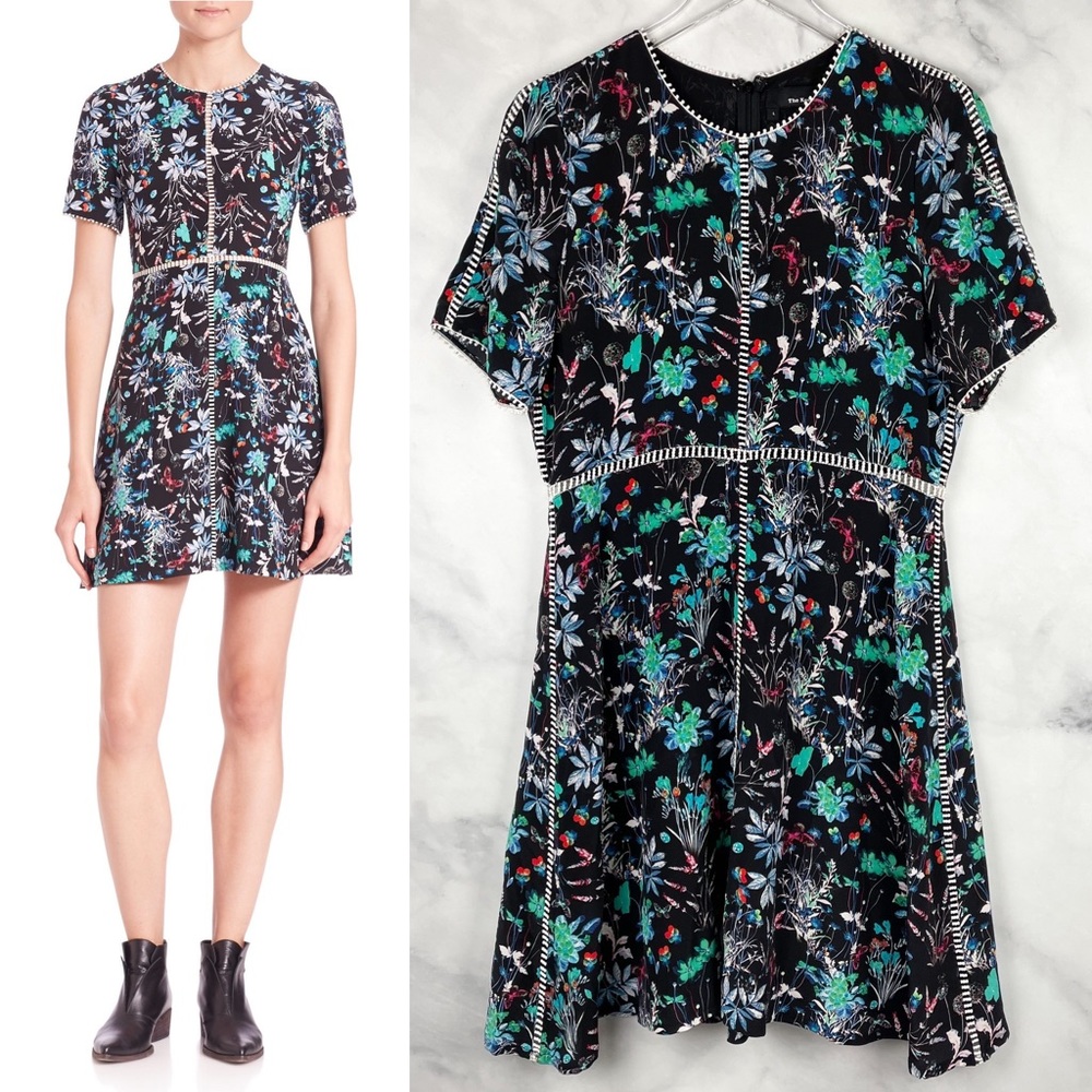 The Kooples 100% Silk Botanical Floral High-Neck Short-Sleeved Mini Dress Boho L